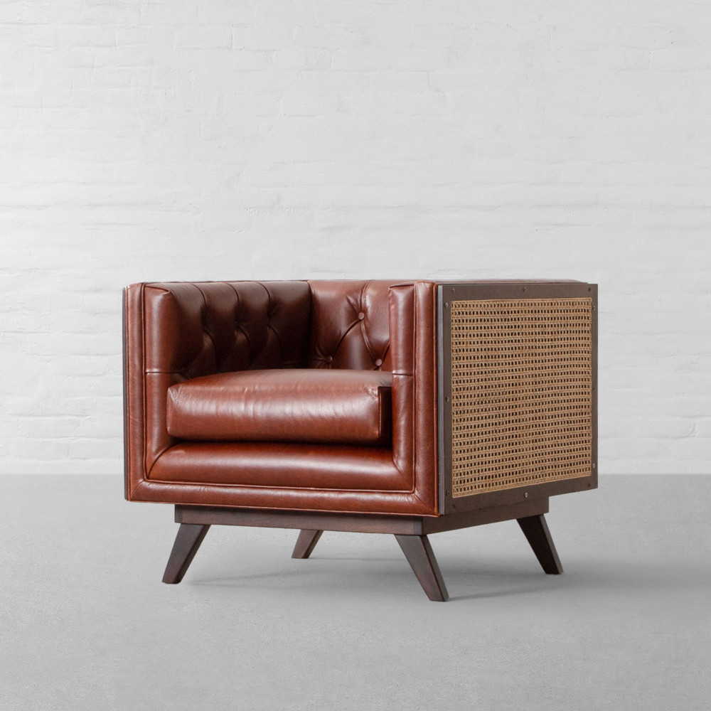 Bombay Rattan Tufted Leather Armchair