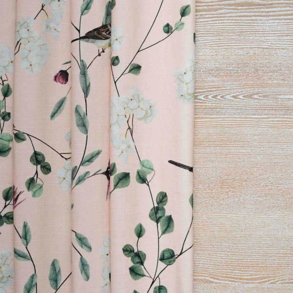 Chrysanthemums &amp; Sparrows Shore Cotton Linen Blend Fabric (Vertical Repeat)