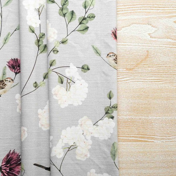 Chrysanthemums and Sparrows Breeze Cotton Linen Blend Fabric (Horizontal Repeat)