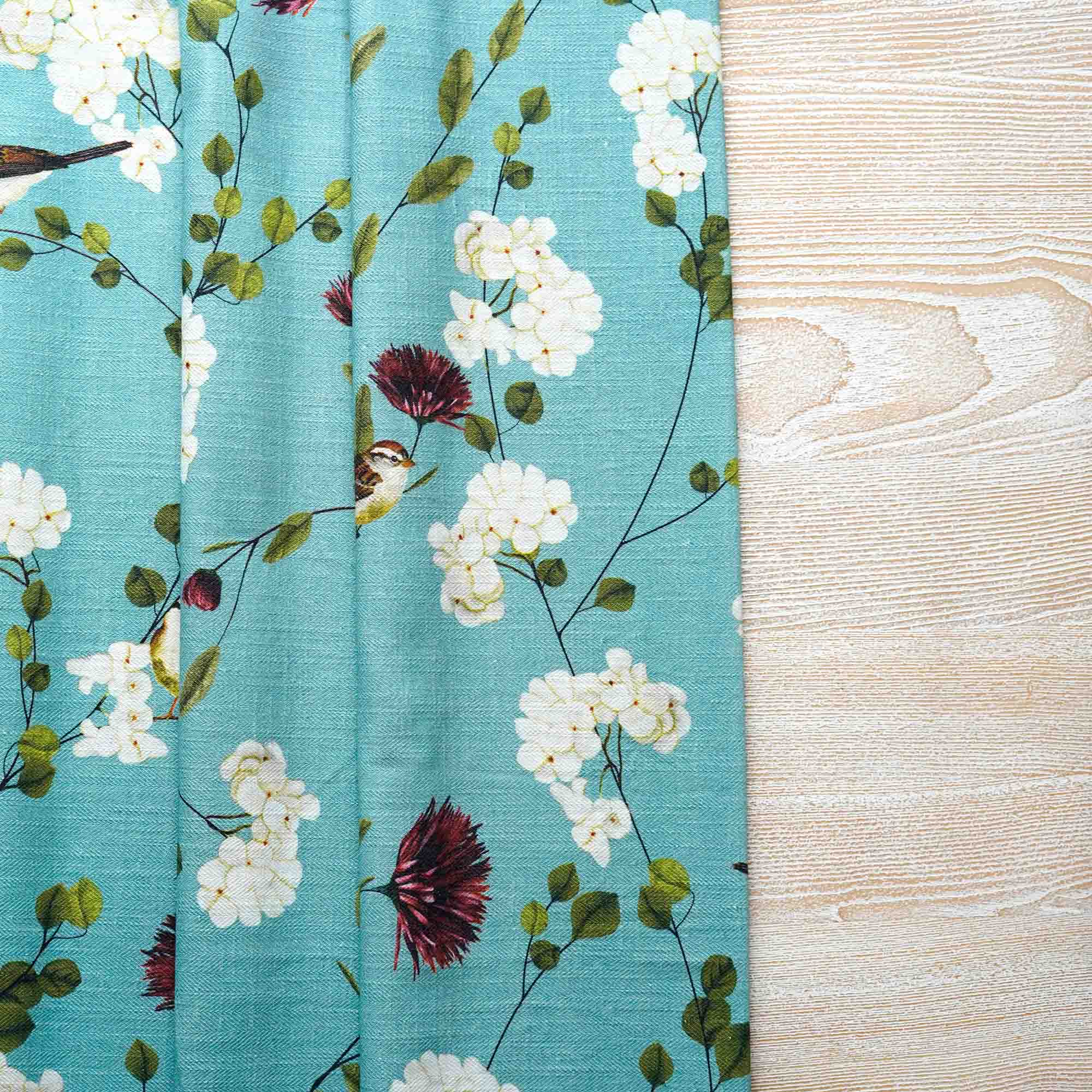 Chrysanthemums and Sparrows Ocean Cotton Linen Blend Fabric