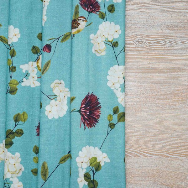 Chrysanthemums and Sparrows Ocean Cotton Linen Blend Fabric (Horizontal Repeat)
