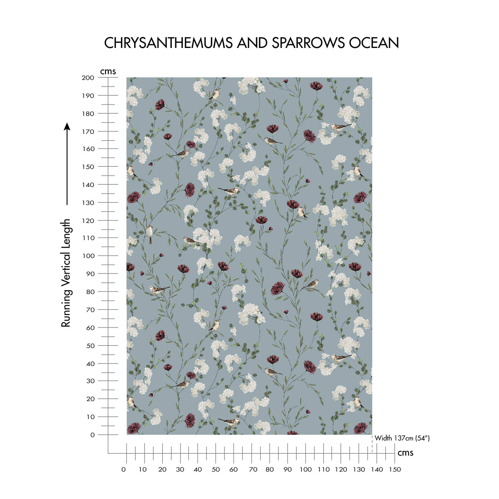 Chrysanthemums and Sparrows Ocean Cotton Linen Blend Fabric (Vertical Repeat)
