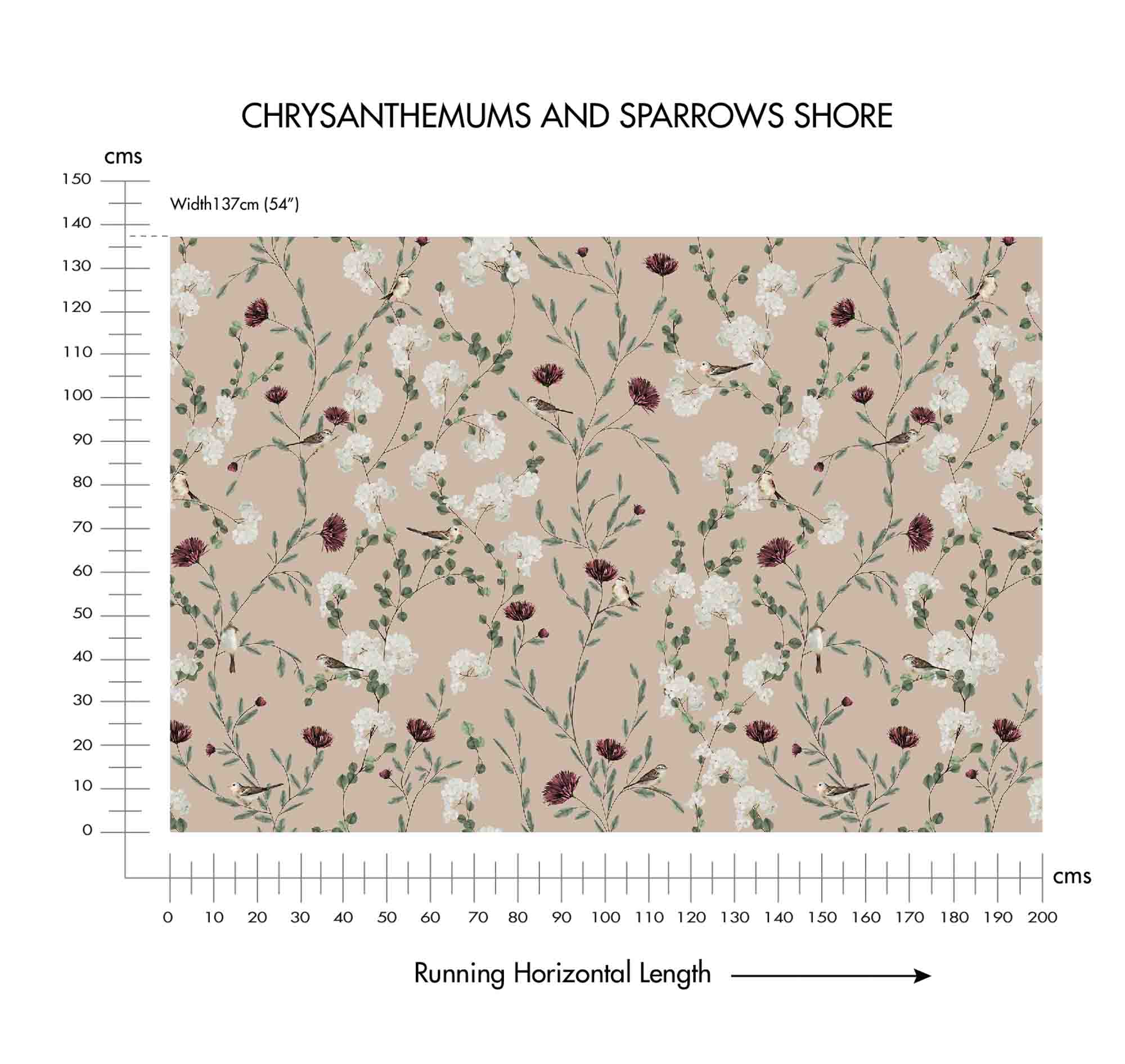 Chrysanthemums & Sparrows Shore Cotton Linen Blend Fabric (Horizontal Repeat)