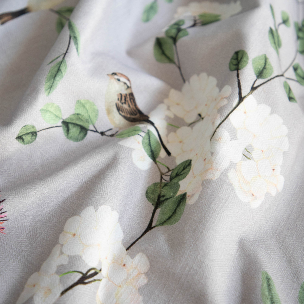 Chrysanthemums and Sparrows Breeze Cotton Linen Blend Fabric (Horizontal Repeat)