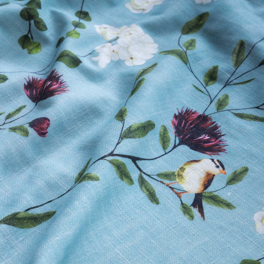 Chrysanthemums and Sparrows Ocean Cotton Linen Blend Fabric (Vertical Repeat)