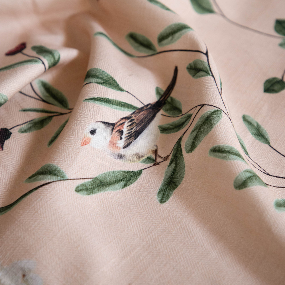 Chrysanthemums &amp; Sparrows Shore Cotton Linen Blend Fabric (Horizontal Repeat)