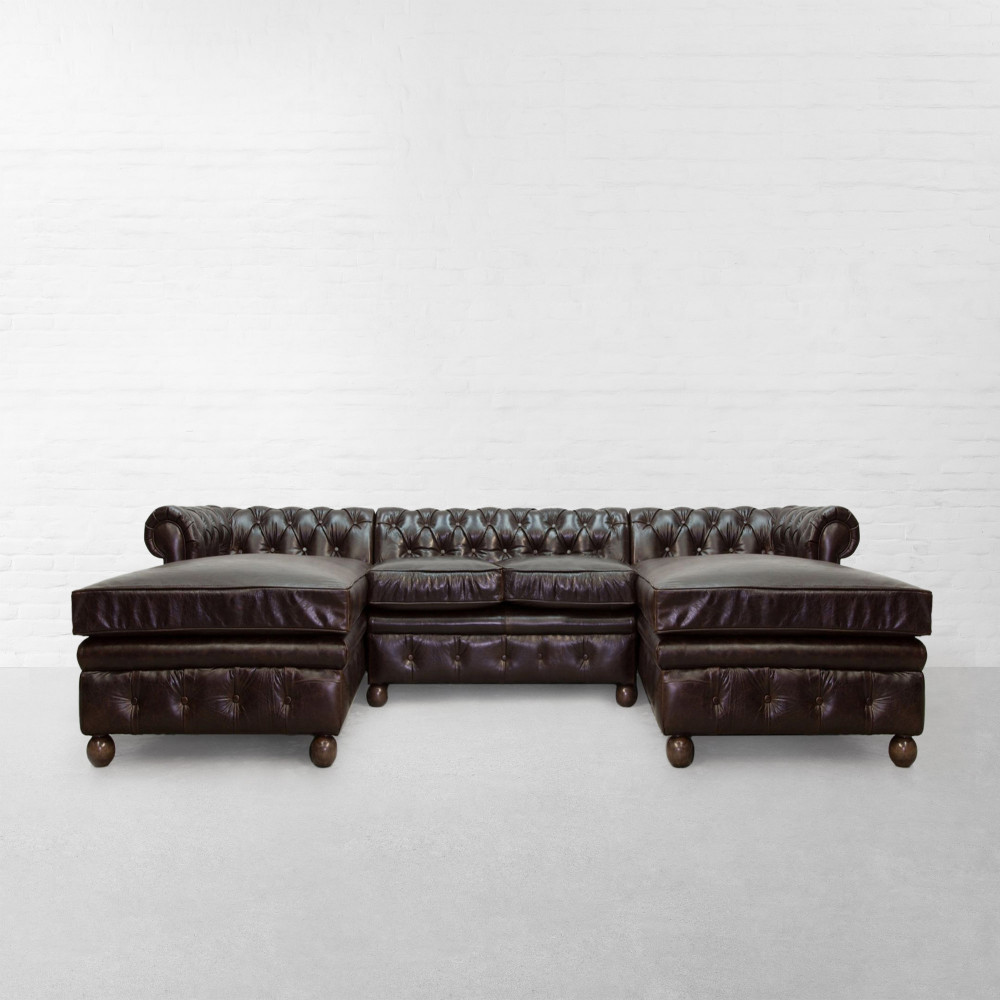 Chesterfield Tufted Leather Sectional Sofa With Double Chaise