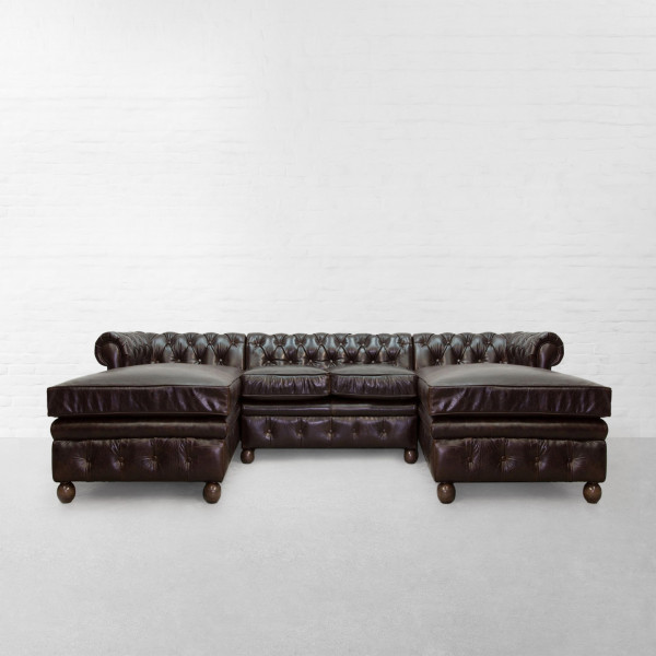 Chesterfield Tufted Leather Sectional Sofa With Double Chaise