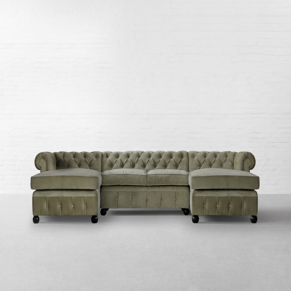 Chesterfield Tufted Fabric Sectional Sofa With Double Chaise
