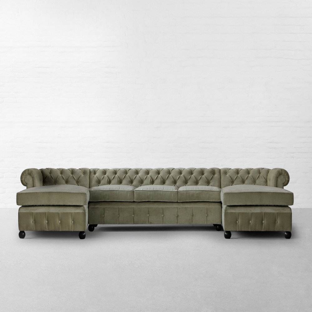 Chesterfield Tufted Fabric Large Sectional Sofa With Double Chaise