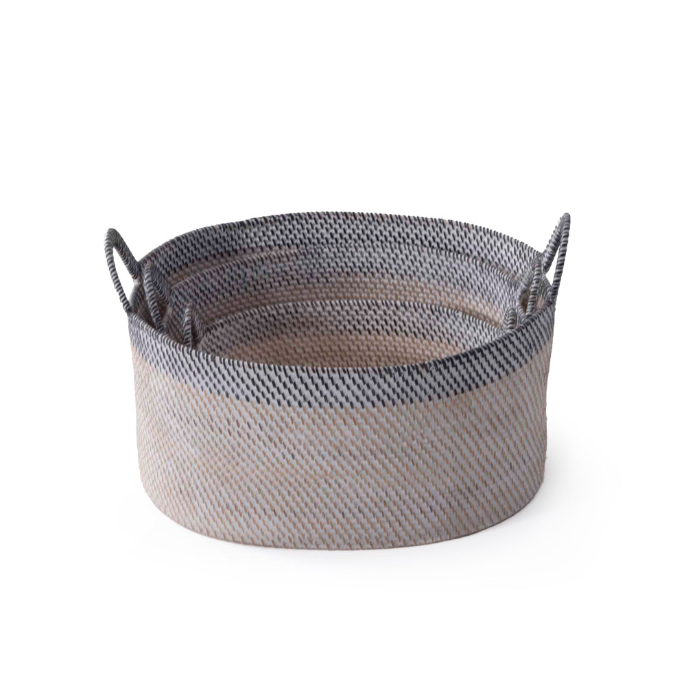 Hata Rattan Woven Baskets With Swing Handles-(Natural+Charcoal)