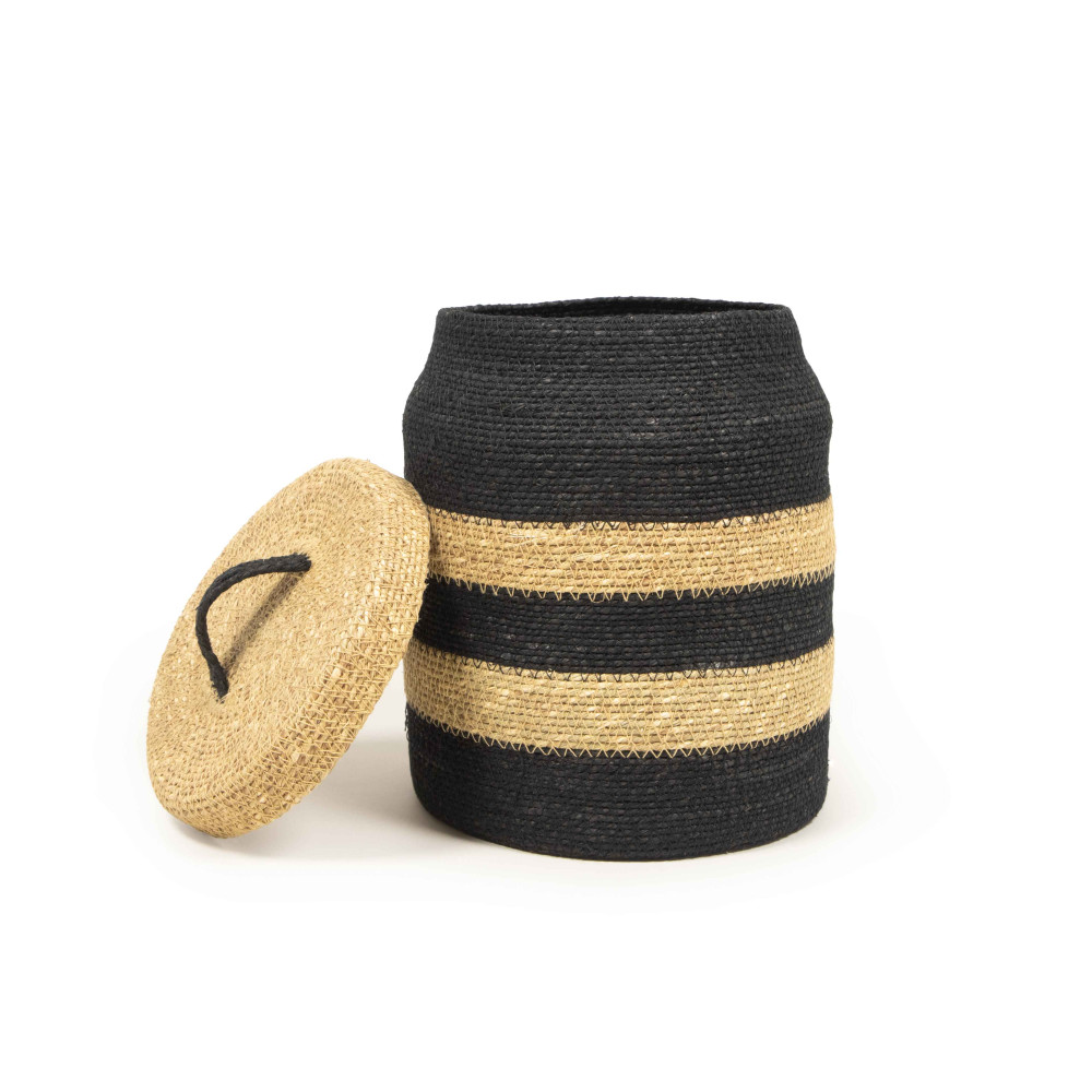 Java Cylindrical Stripe Storage With Lid-Sand &amp; Charcoal