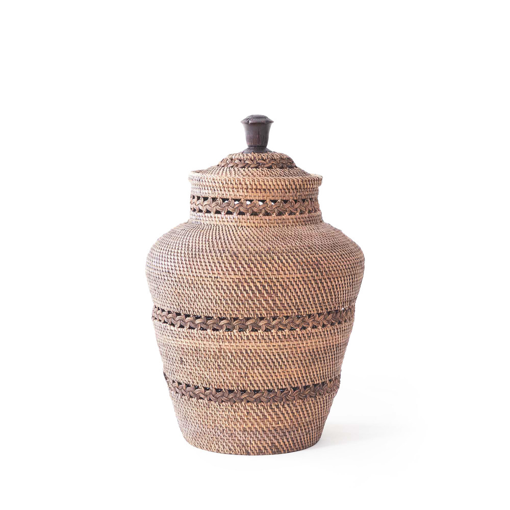 Java Handwoven Basket with Braid Pattern and Lid-Natural