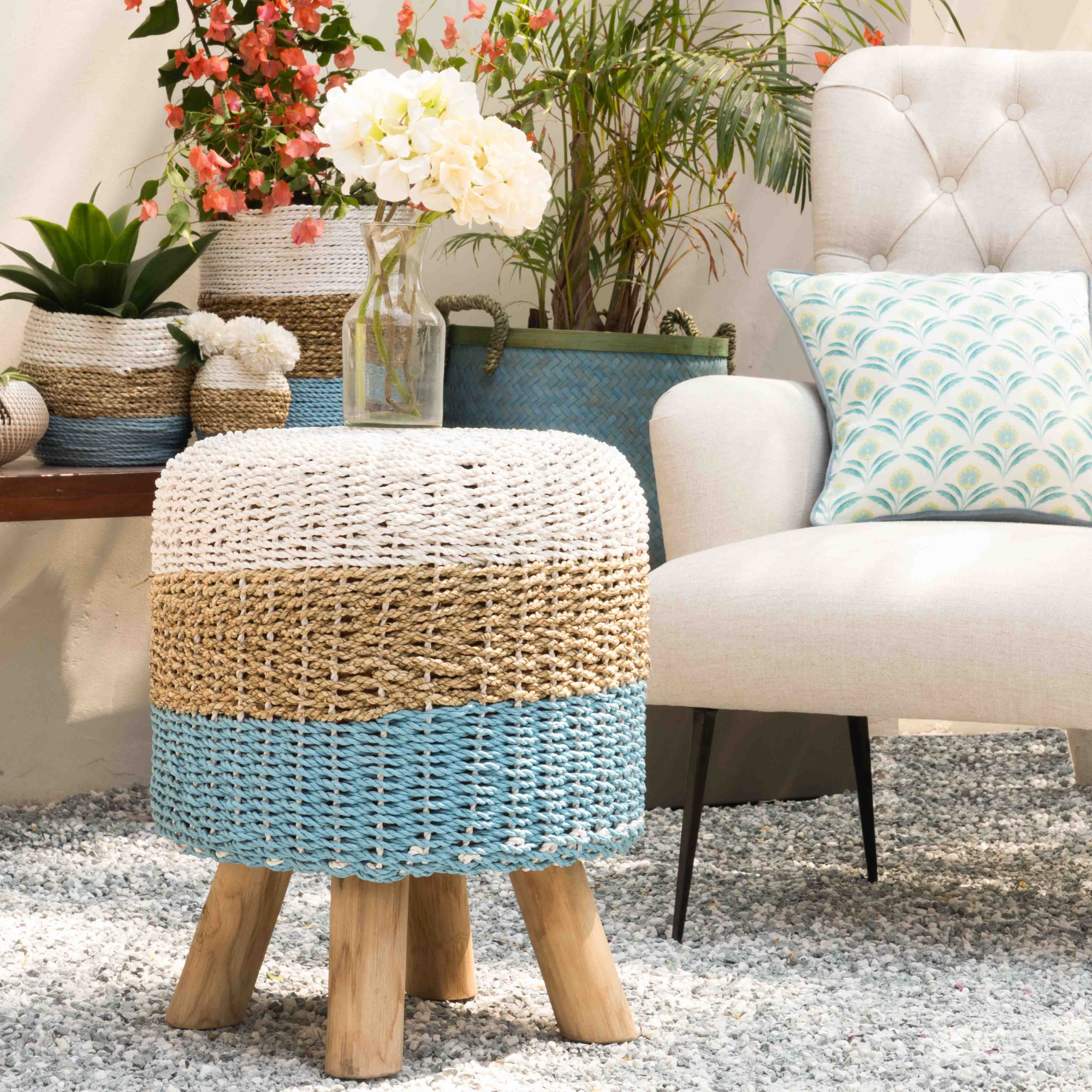 LANGKAWI HANDWOVEN OTTOMAN - WHITE NATURAL AQUA