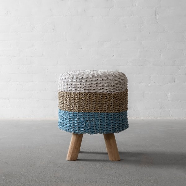 Langkawi Handwoven Ottoman - White Natural Aqua