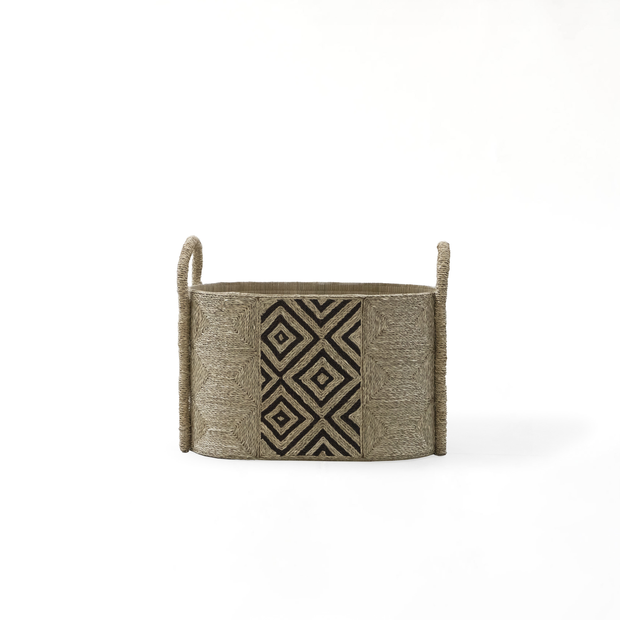 MALACCA ROUND SEAGRASS BASKET WITH BATIK PATTERN HANDLES-(NATURAL+BLACK)