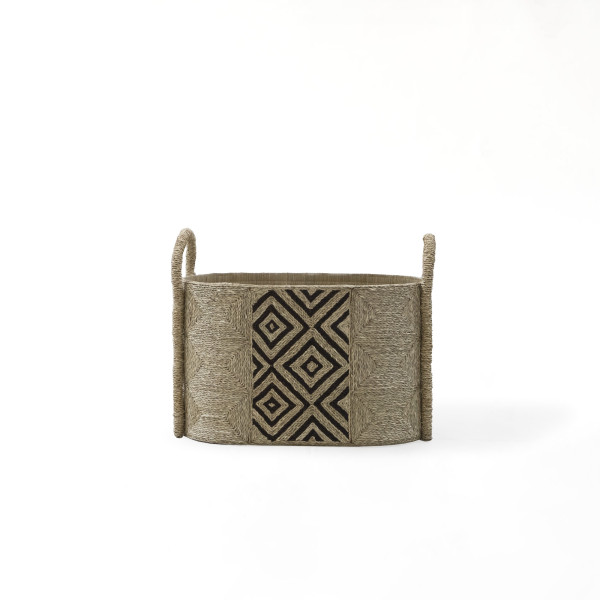 Malacca Round Seagrass Basket With Batik Pattern Handles-(Natural+Black)