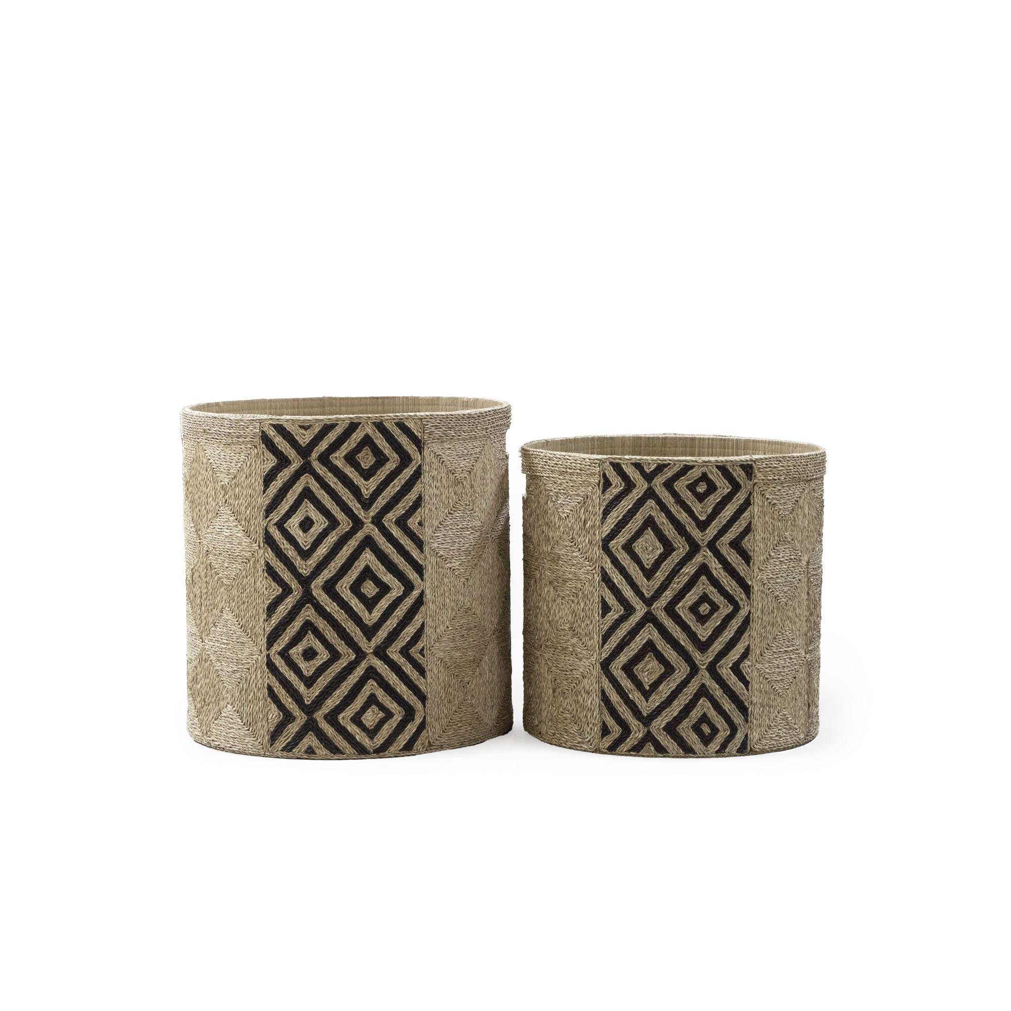 MALACCA ROUND SEAGRASS BASKET WITH BATIK PATTERN-(NATURAL+BLACK)