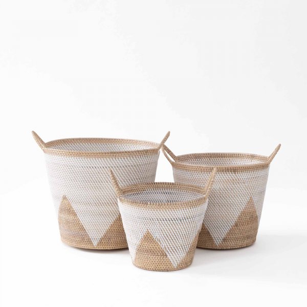 Malay Handwoven Basket in Natural &amp; White with Side Swing Handles