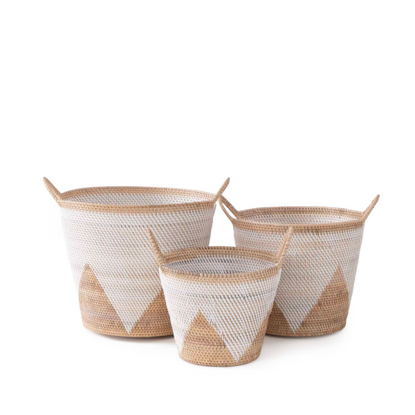 Malay Handwoven Basket with Side Swing Handle-(Natural+White)