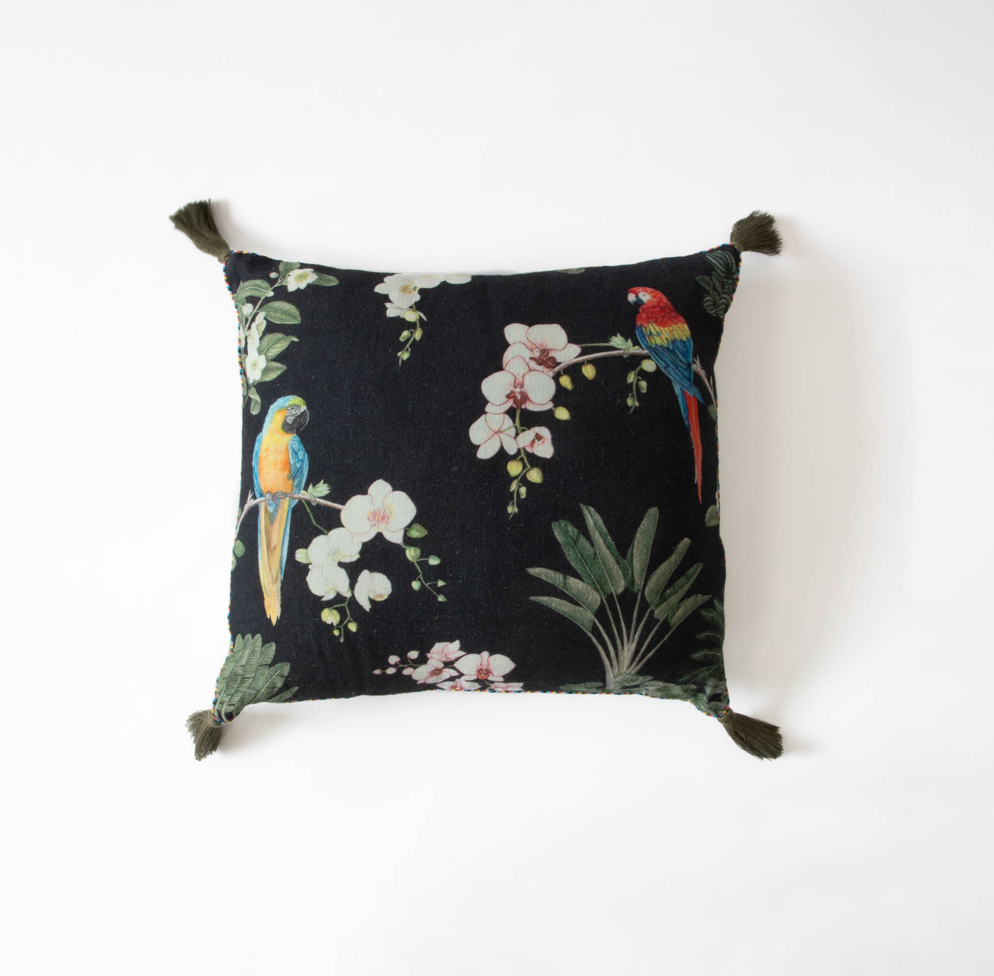 Midnight Parrots on an Orchid Tree Cushion Cover