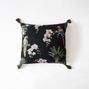 Midnight Parrots on an Orchid Tree Cushion Cover