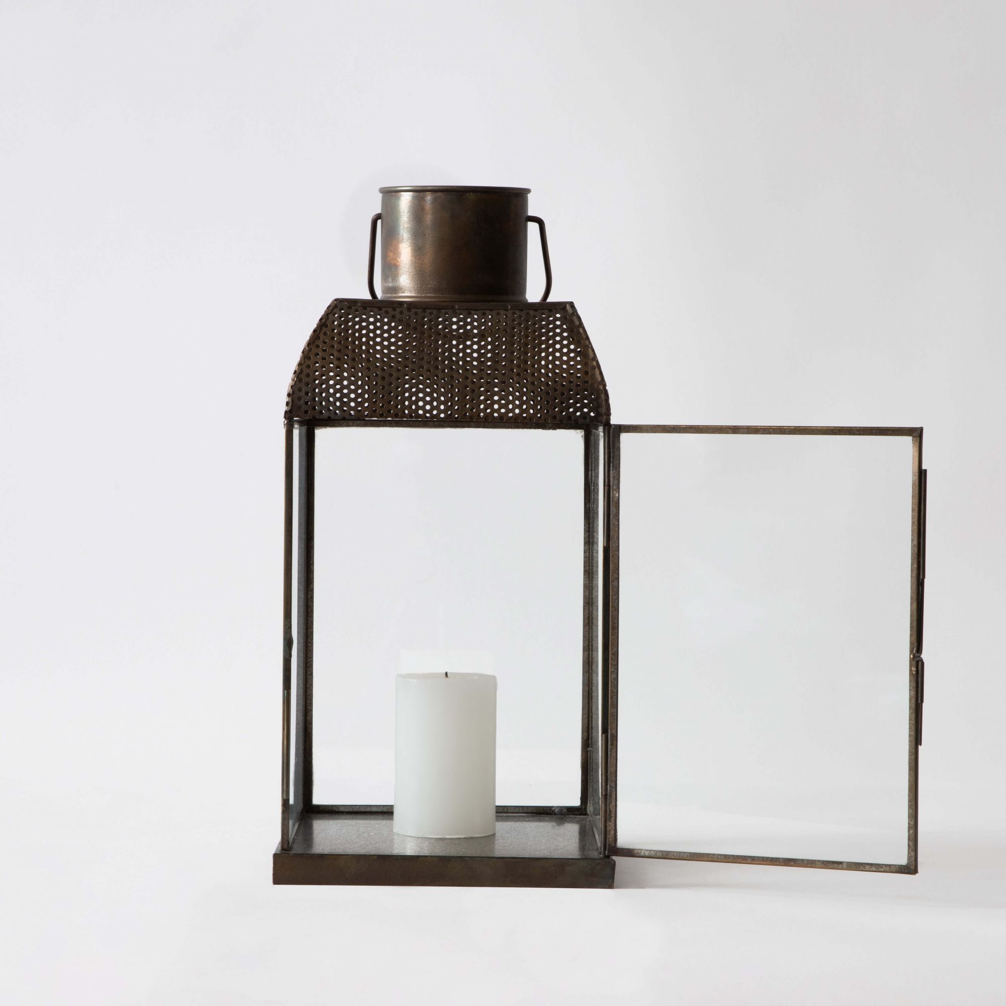 Norman Mesh Lantern Glass Candle Holder - Aged Antique Finish
