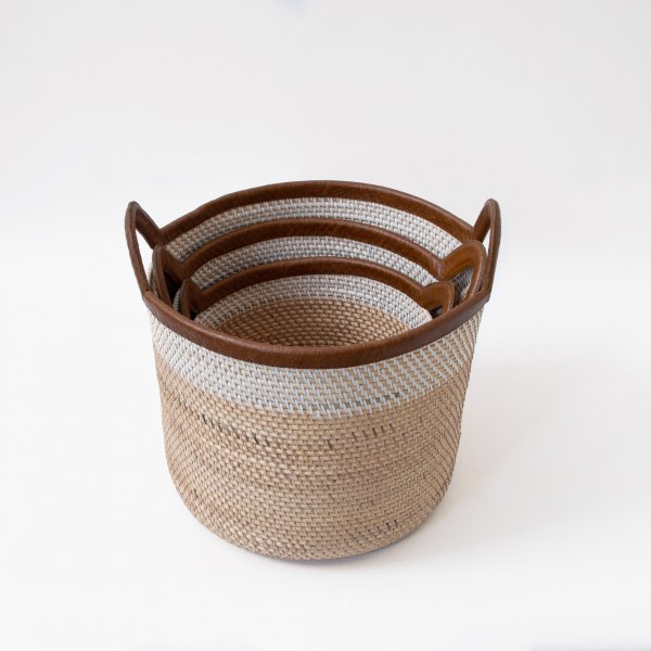 Palm Leaf Rattan Basket - Natural &amp; Ivory