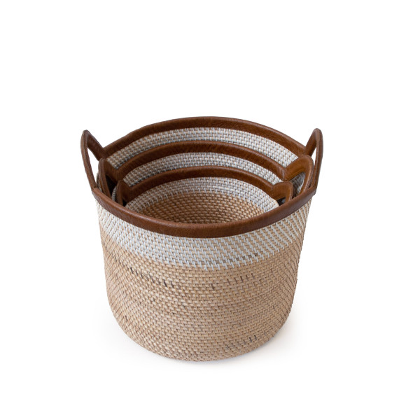 Palm Leaf Rattan Basket-(Natural+Ivory)
