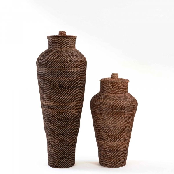 Sumba Rattan Decorative Floor Vase with Lid- Natural Brown