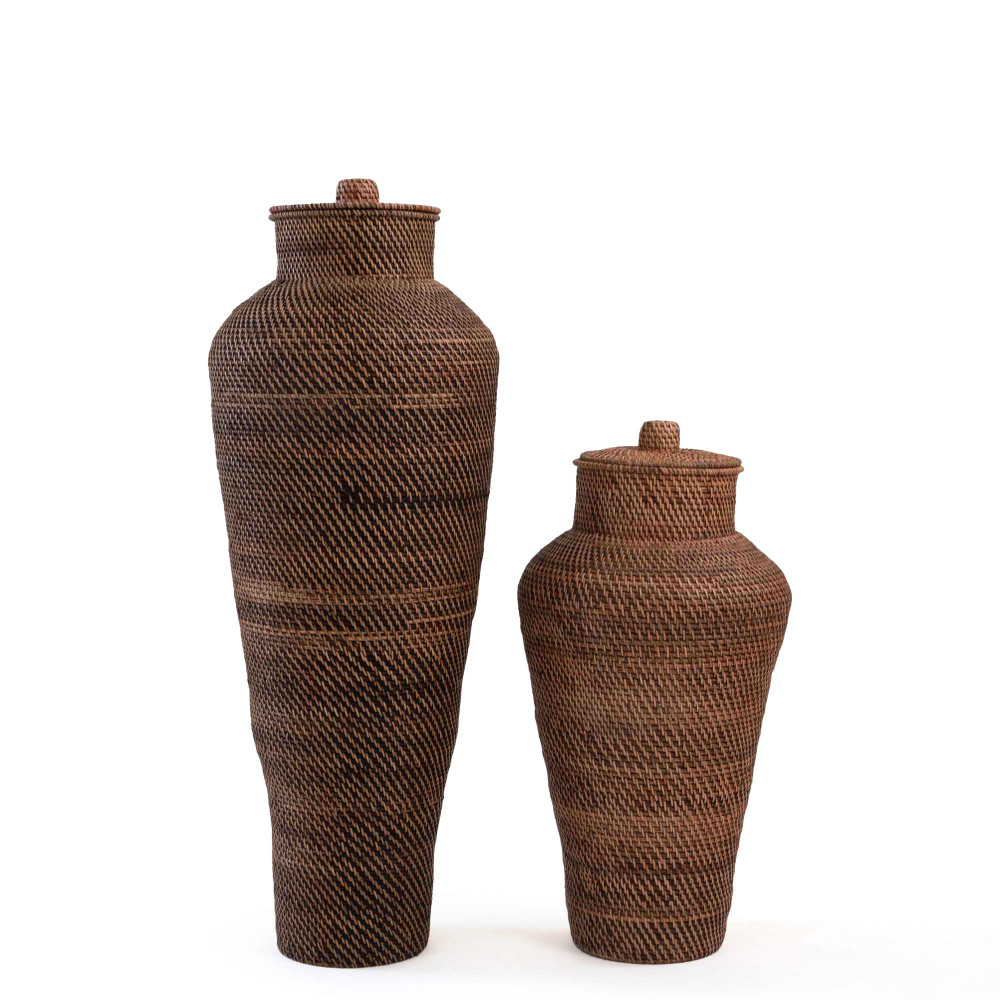 Sumba Rattan Decorative Floor Vase with Lid-Natural Brown